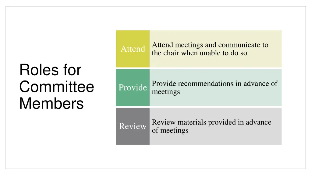 attend meetings and communicate to the chair when