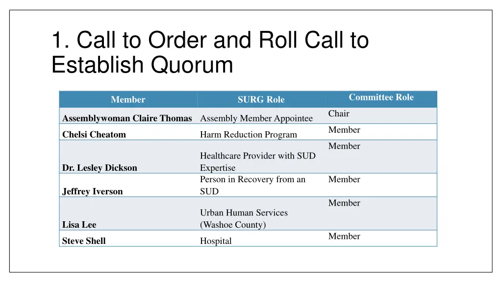 1 call to order and roll call to establish quorum 1