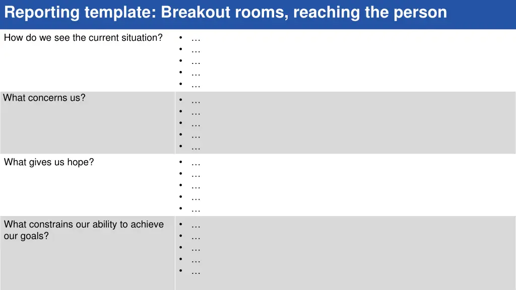 reporting template breakout rooms reaching