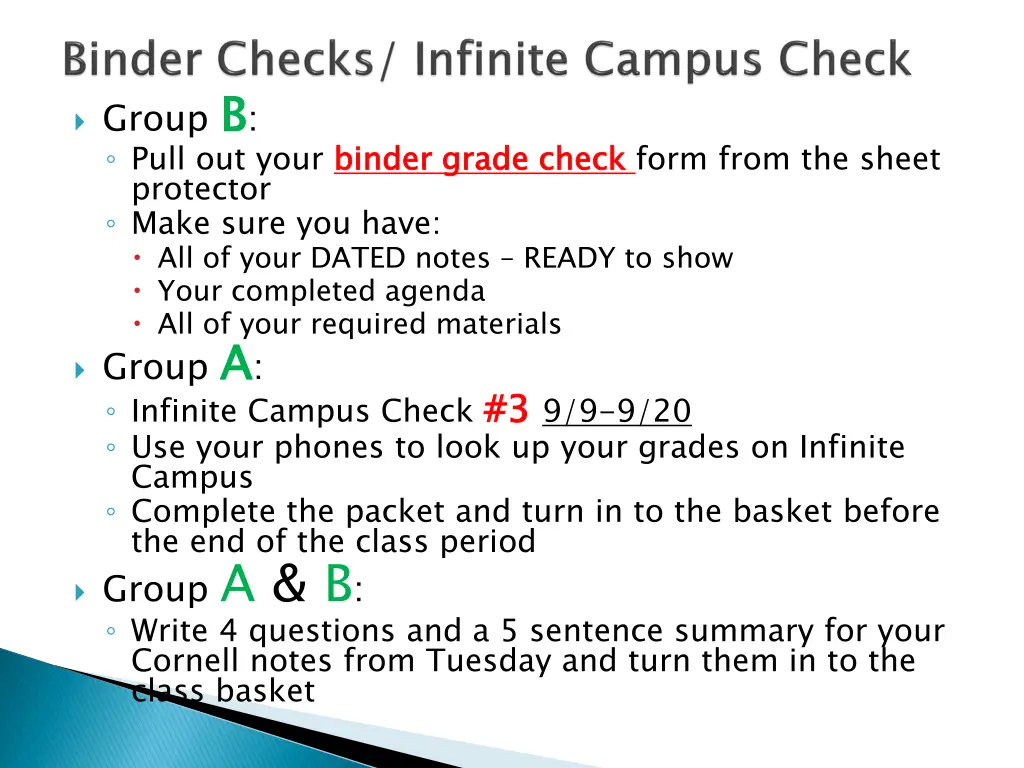 group b b pull out your binder grade check