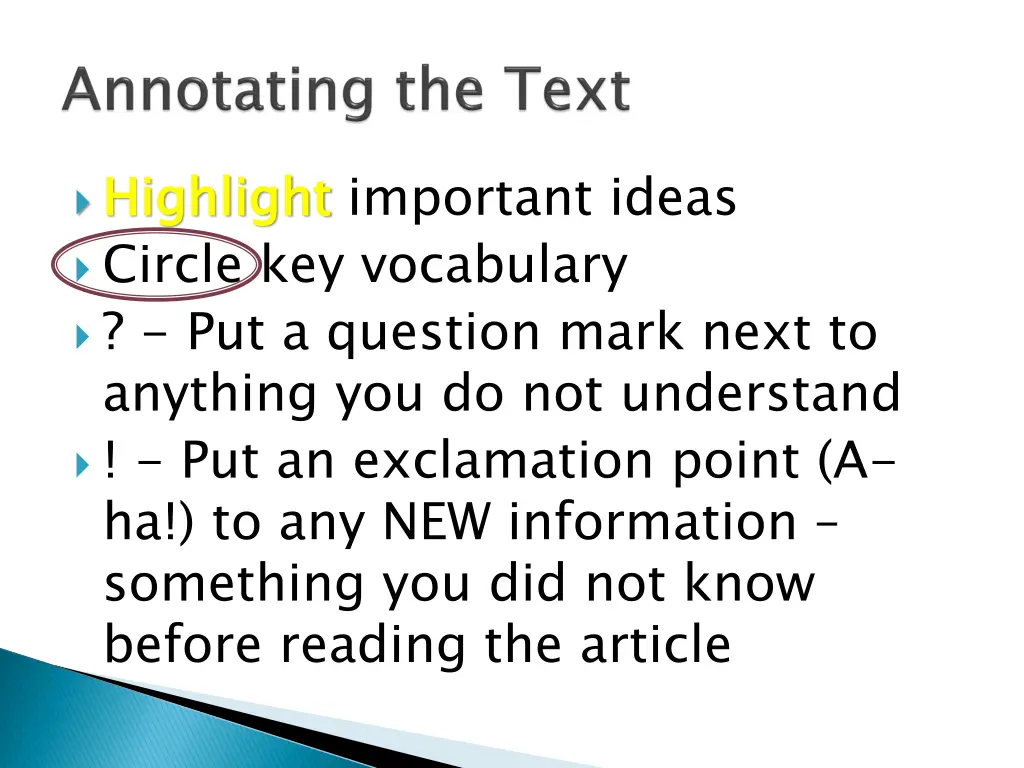 highlight circle key vocabulary put a question