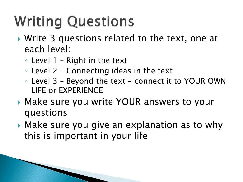 write 3 questions related to the text one at each