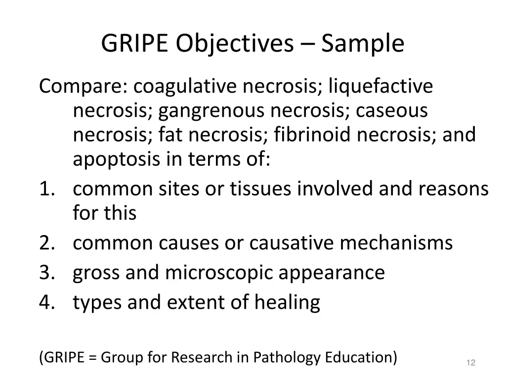 gripe objectives sample