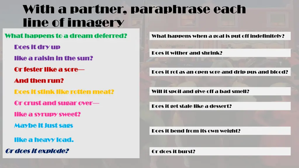 with a partner paraphrase each line of imagery