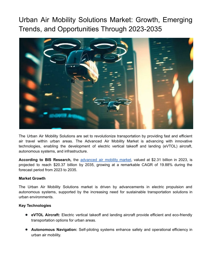 urban air mobility solutions market growth