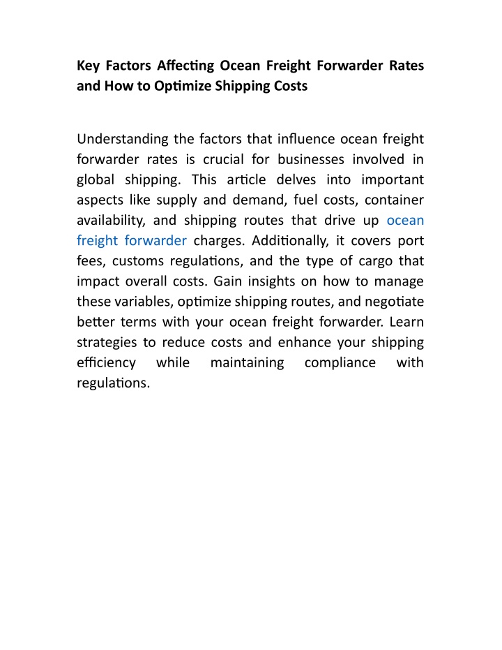 key factors affec ng ocean freight forwarder