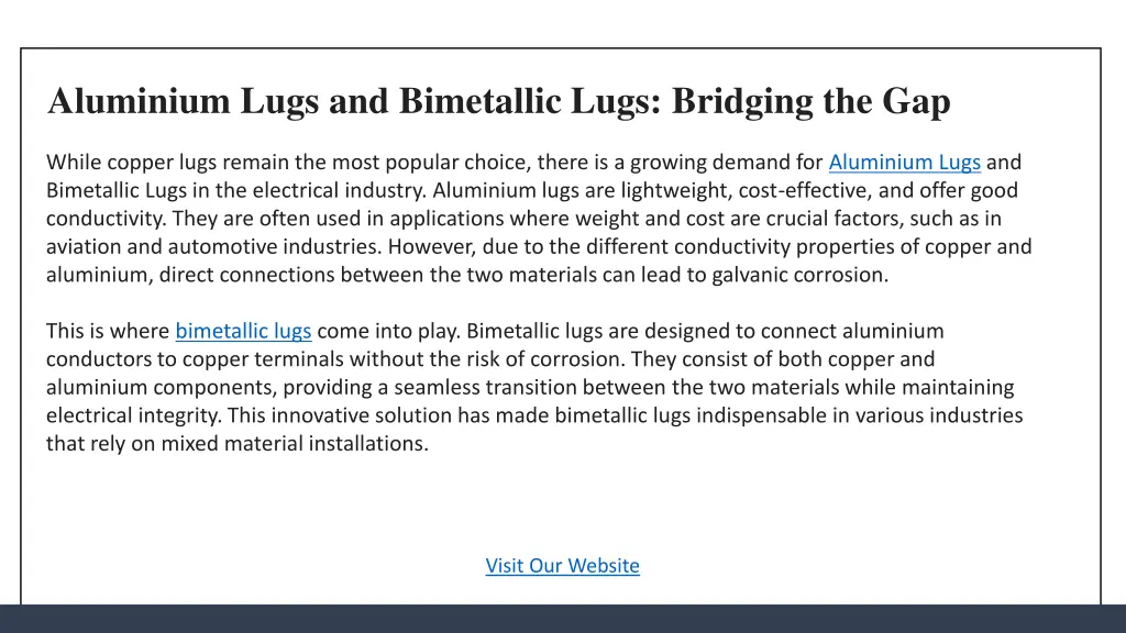 aluminium lugs and bimetallic lugs bridging