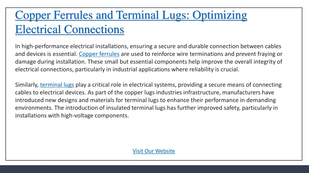 copper ferrules and terminal lugs optimizing