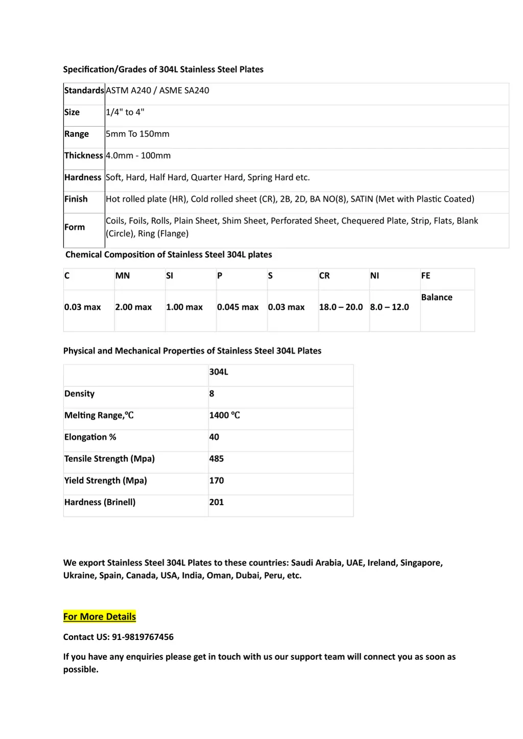 specification grades of 304l stainless steel