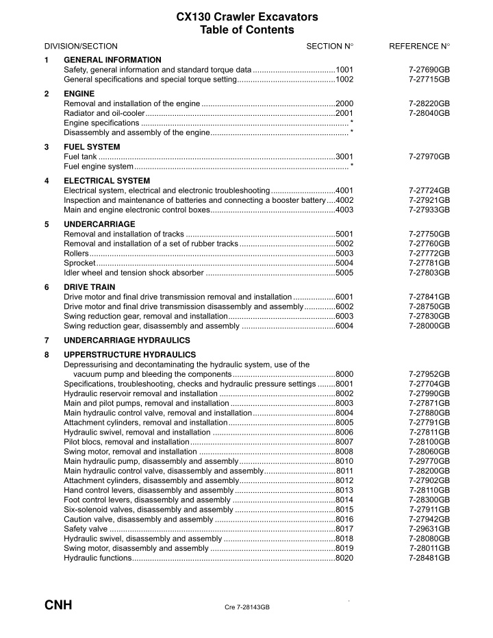 cx130 crawler excavators table of contents