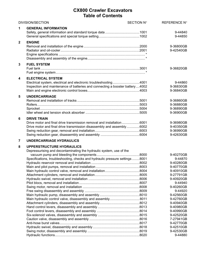 cx800 crawler excavators table of contents