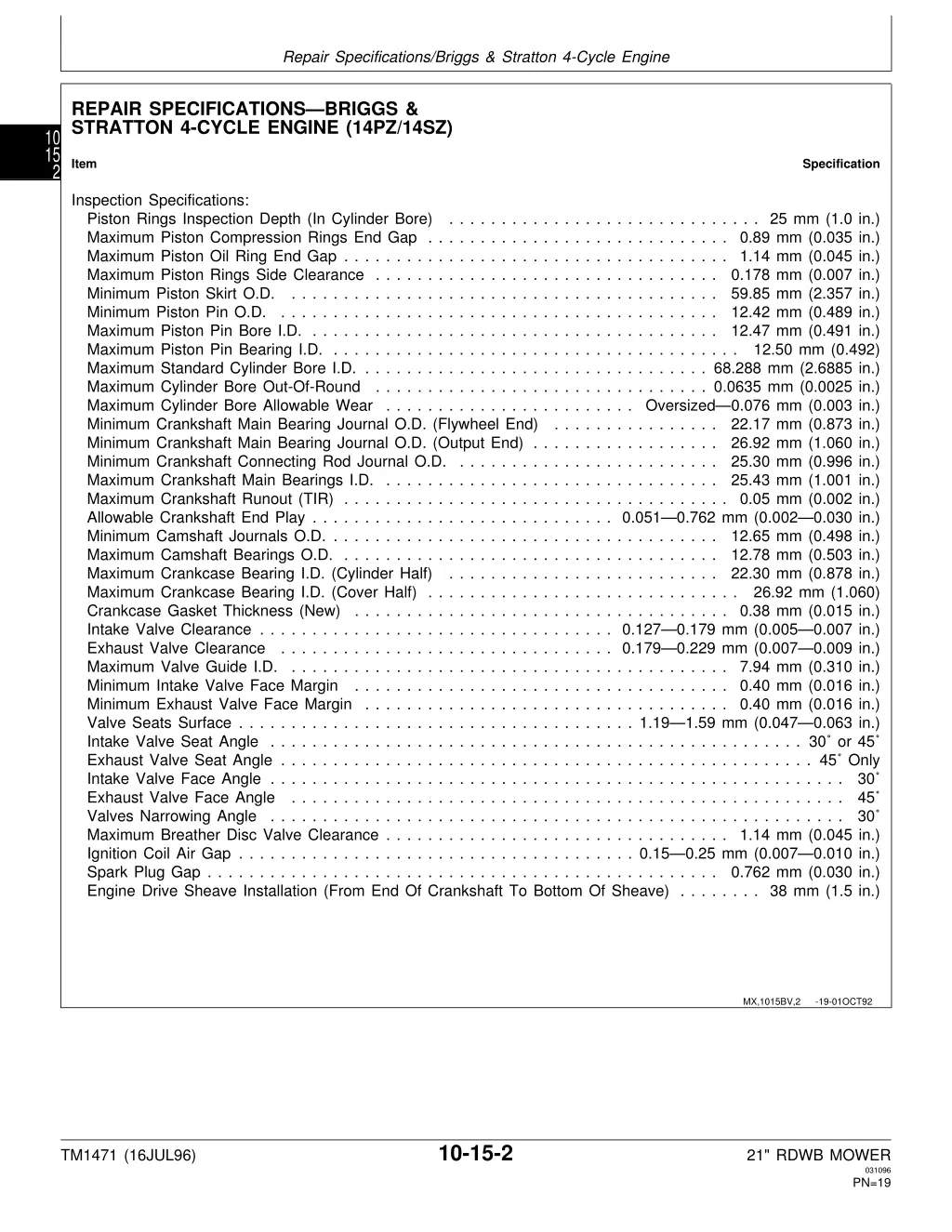 repair specifications briggs stratton 4 cycle