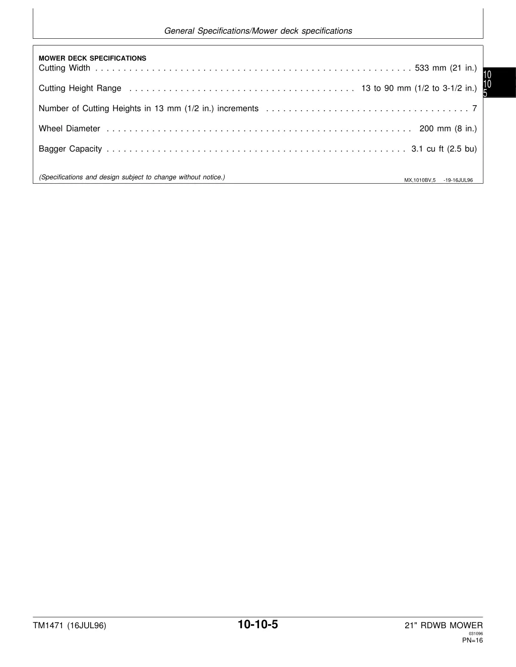 general specifications mower deck specifications