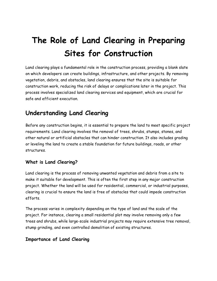 the role of land clearing in preparing sites