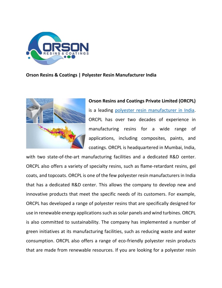 orson resins coatings polyester resin