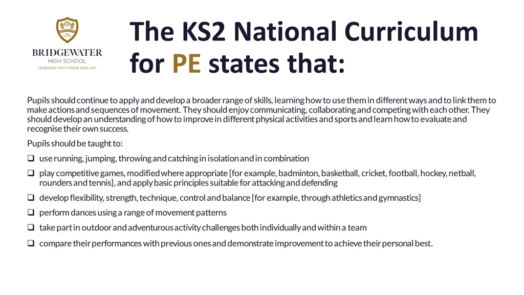 the ks2 national curriculum for pe states that