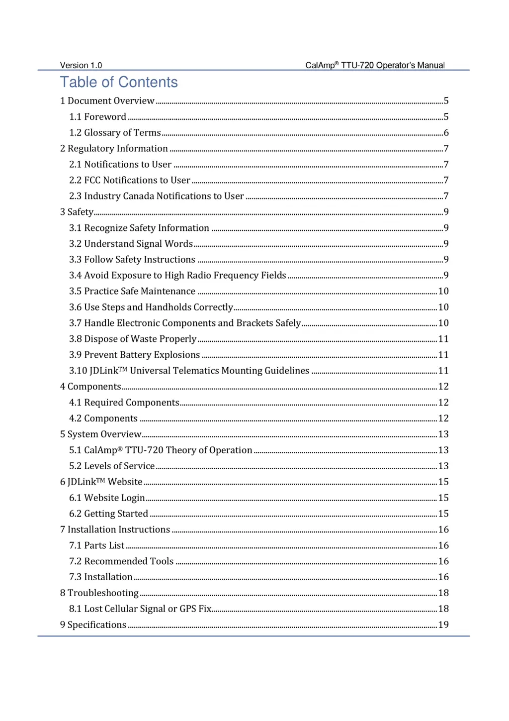 version 1 0 calamp ttu table of contents