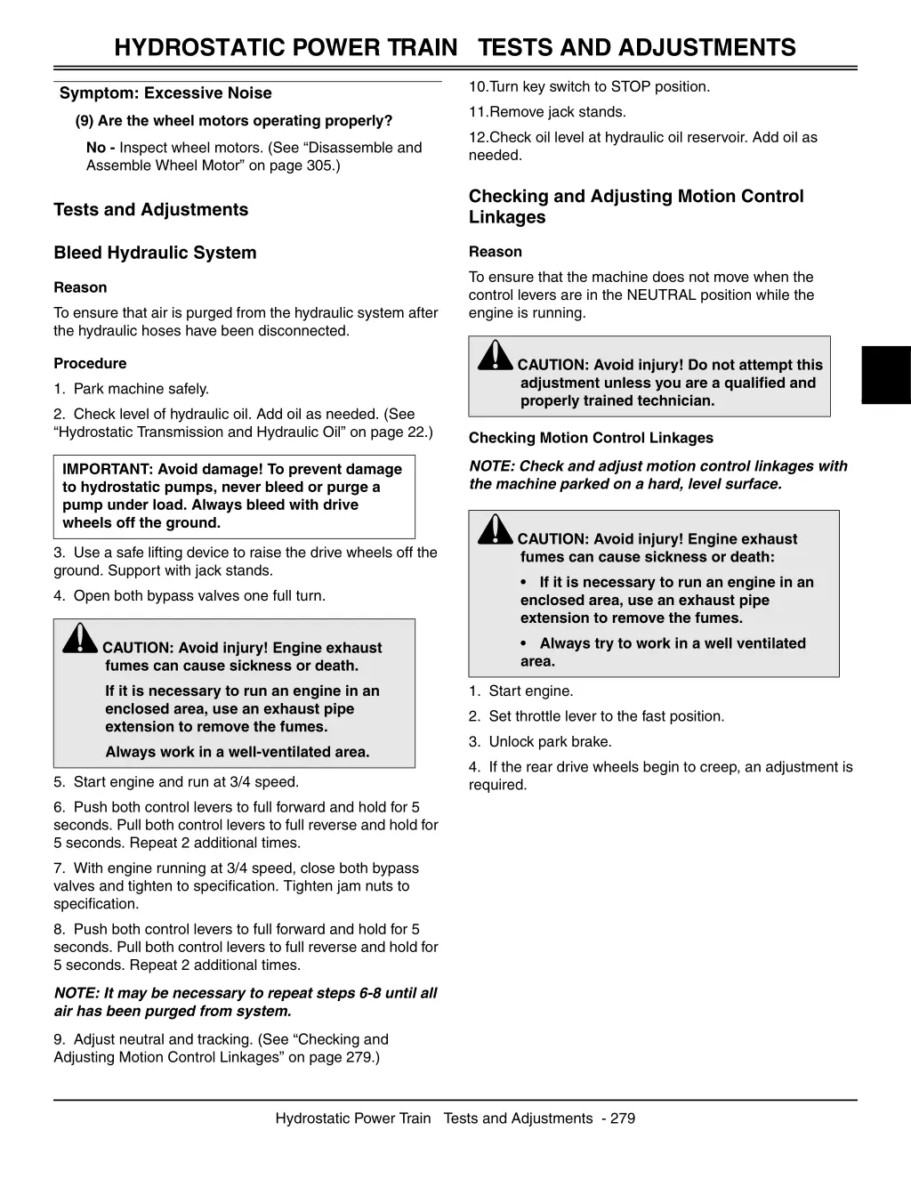 hydrostatic power train tests and adjustments