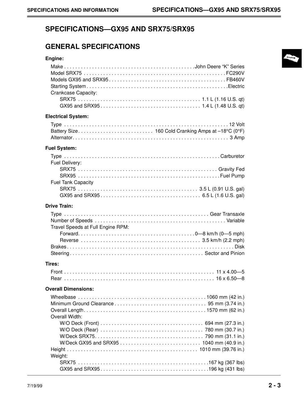 specifications gx95 and srx75 srx95