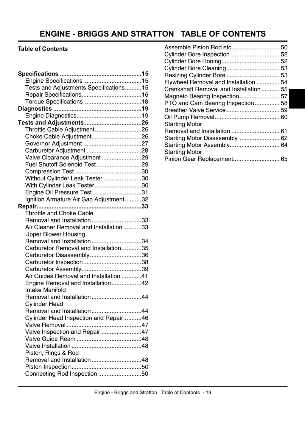 engine briggs and stratton table of contents