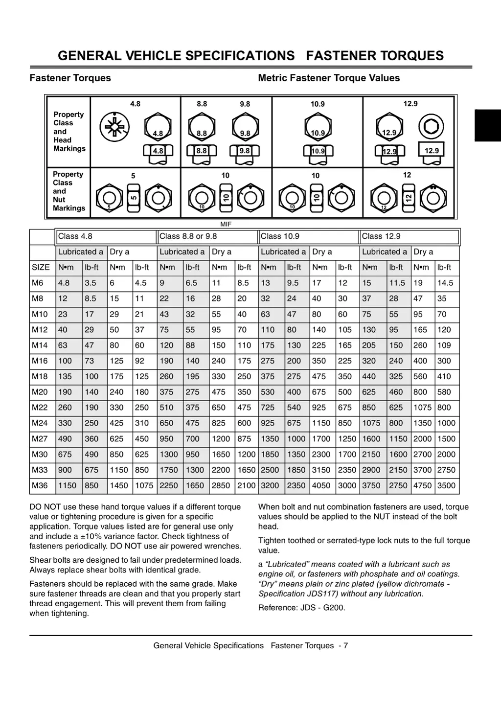 general vehicle specifications fastener torques