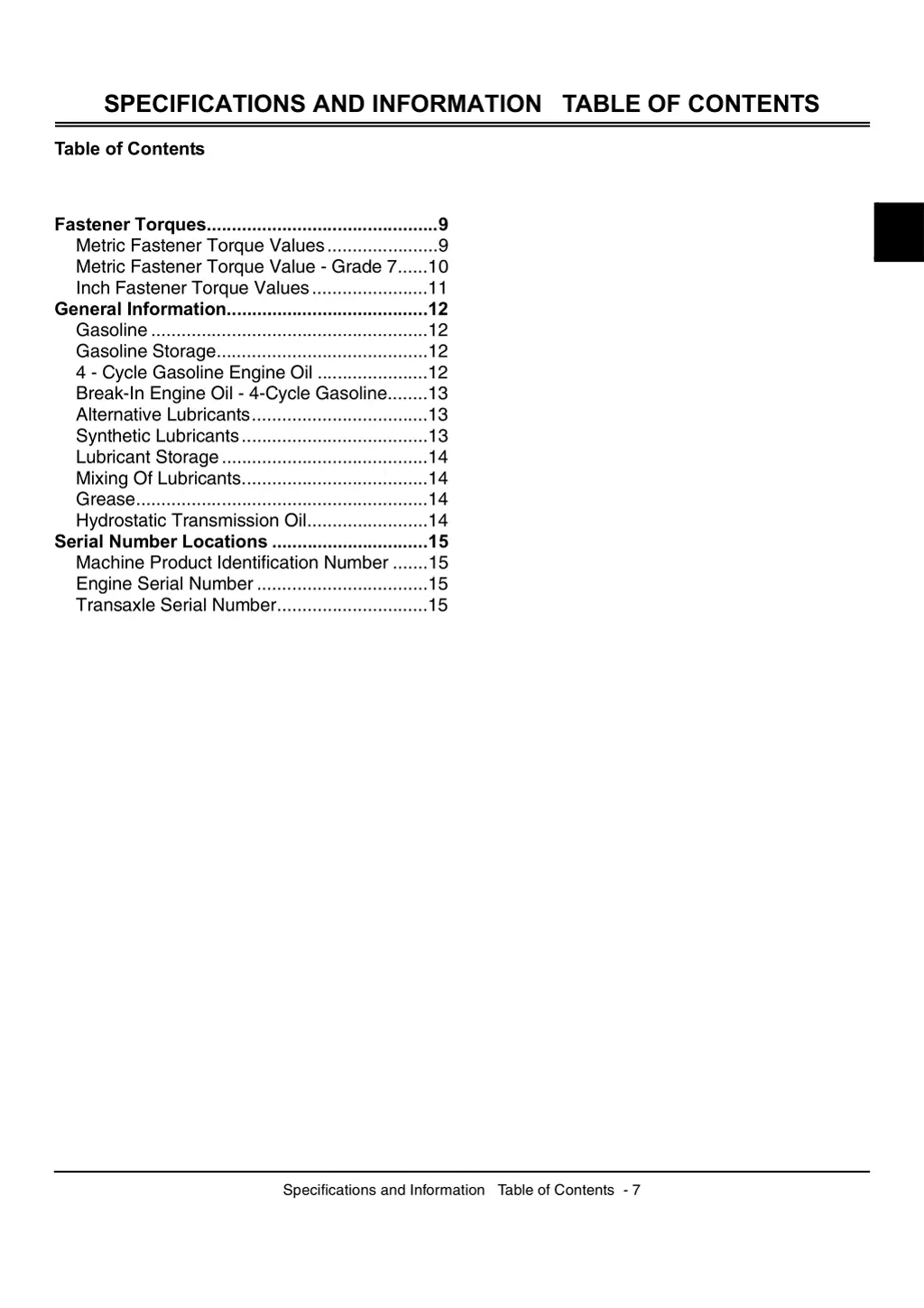 specifications and information table of contents