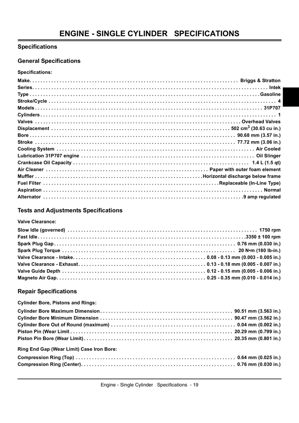 engine single cylinder specifications