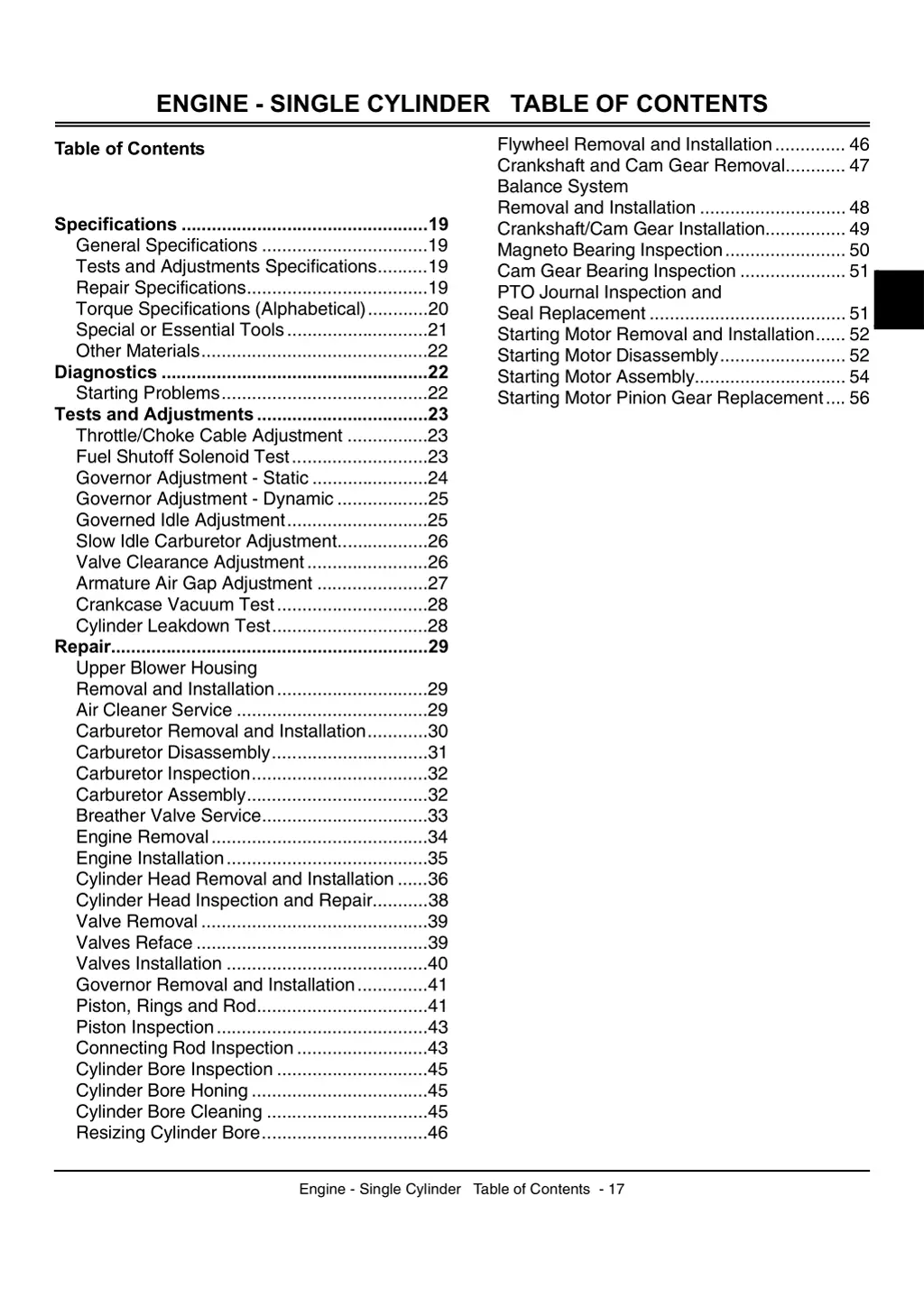 engine single cylinder table of contents