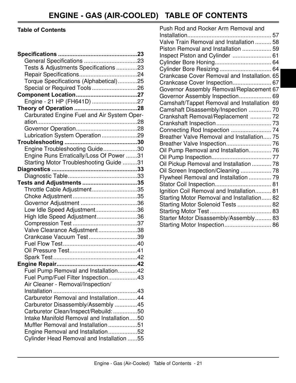 engine gas air cooled table of contents