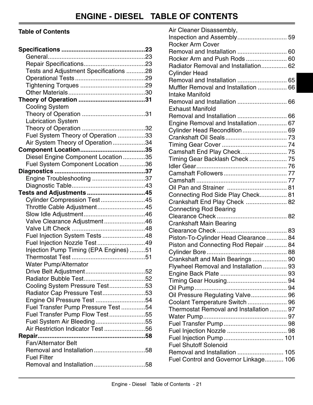 engine diesel table of contents