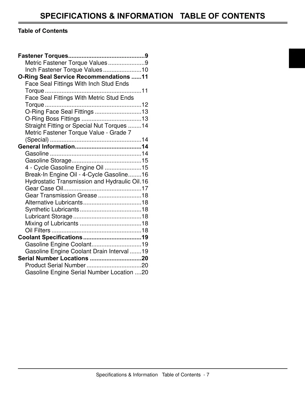 specifications information table of contents