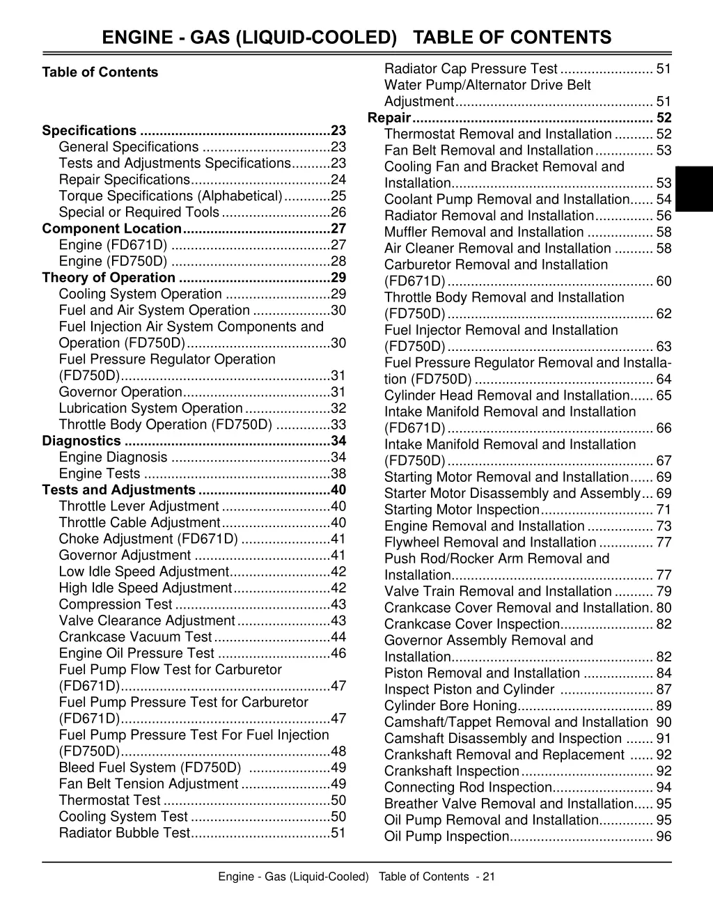 engine gas liquid cooled table of contents