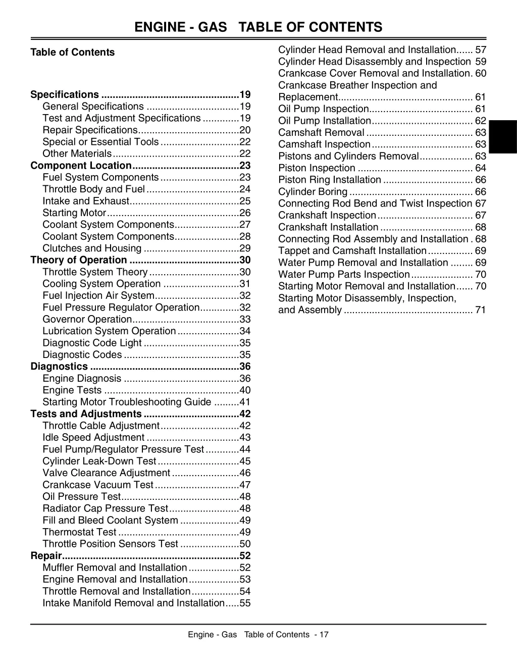 engine gas table of contents