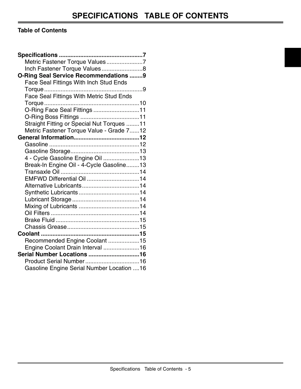 specifications table of contents