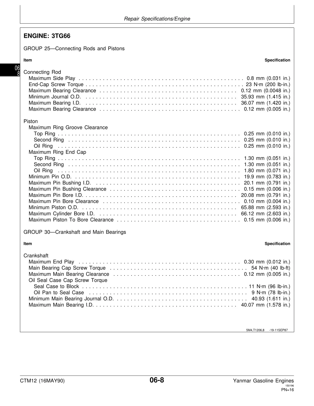 repair specifications engine 6