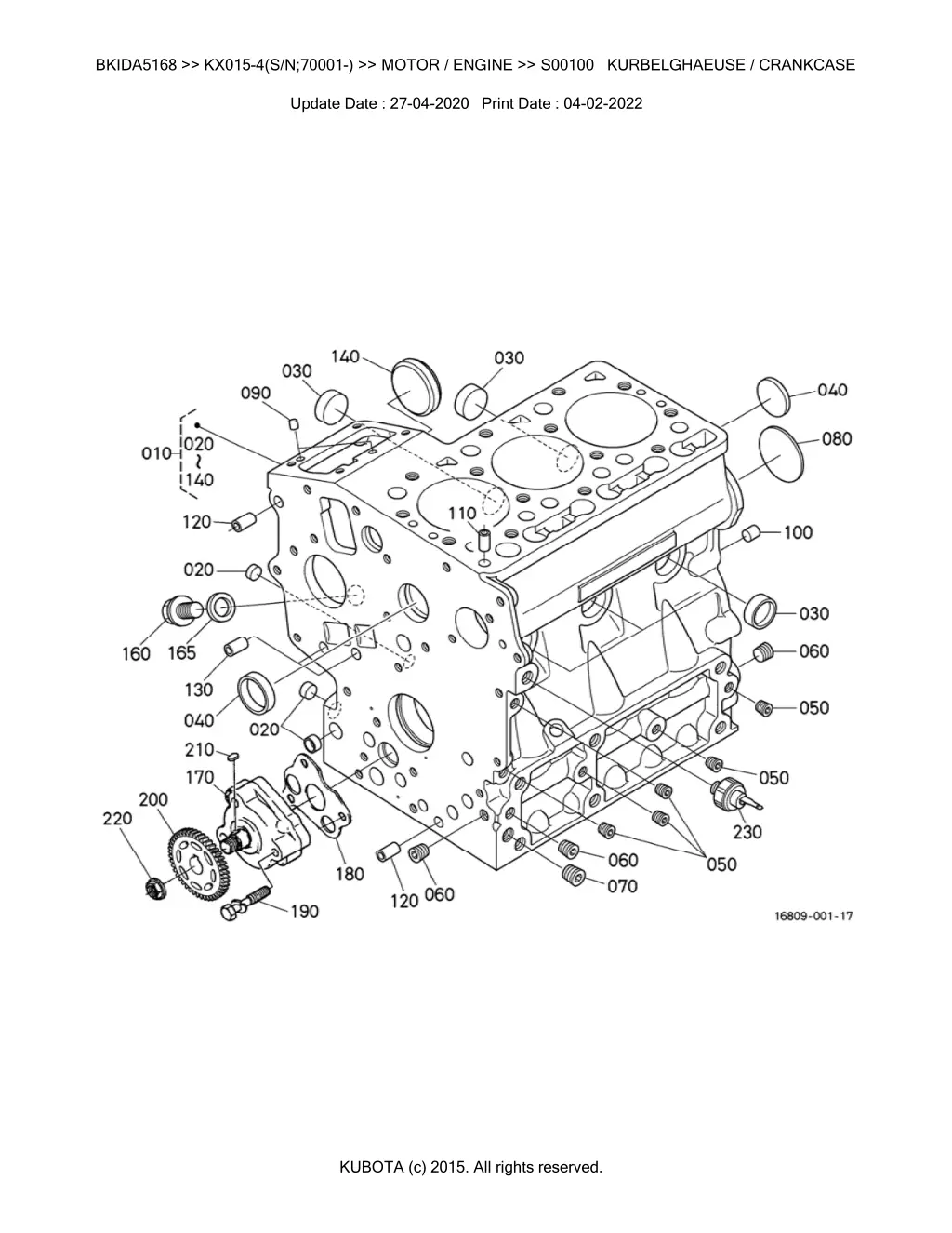 bkida5168 kx015 4 s n 70001 motor engine s00100