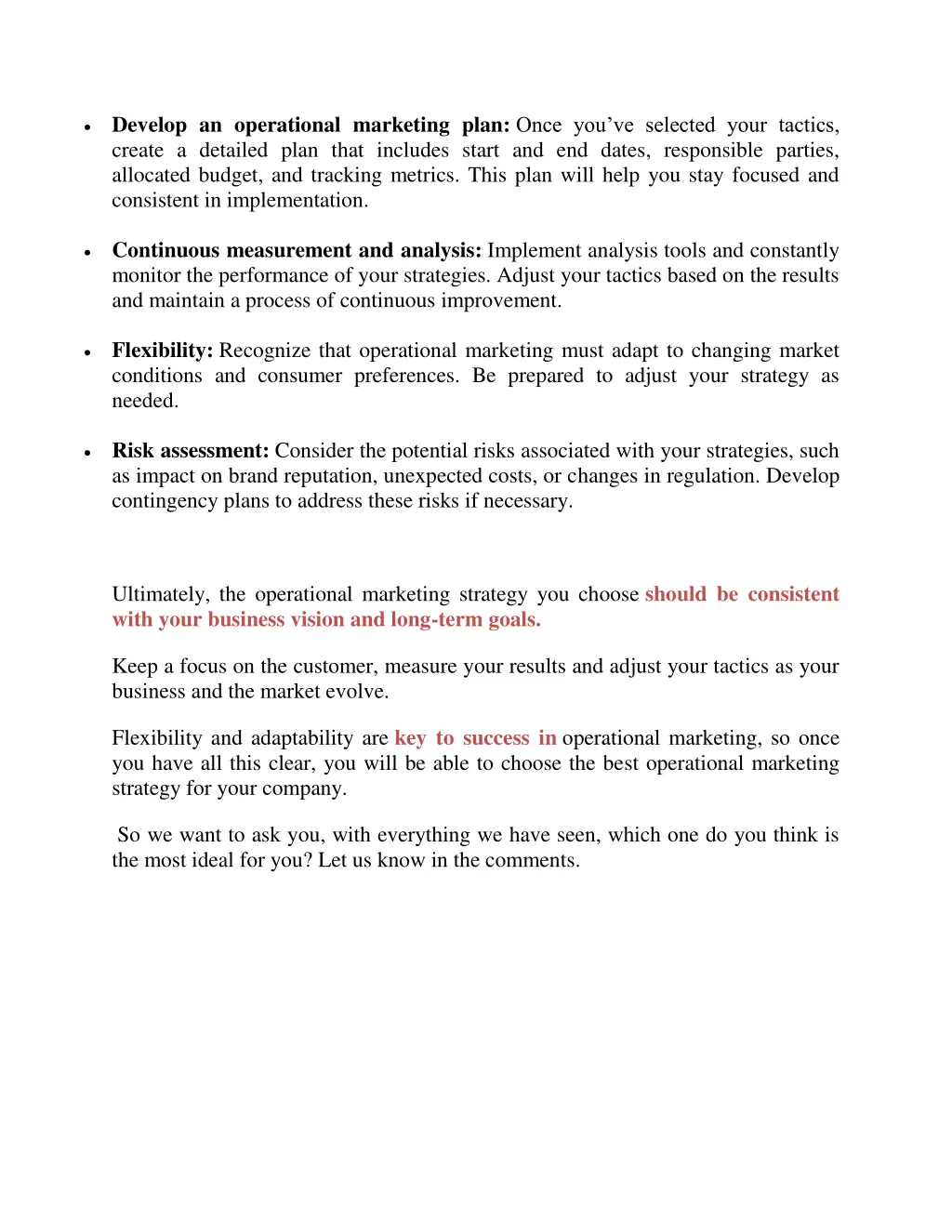 develop an operational marketing plan once