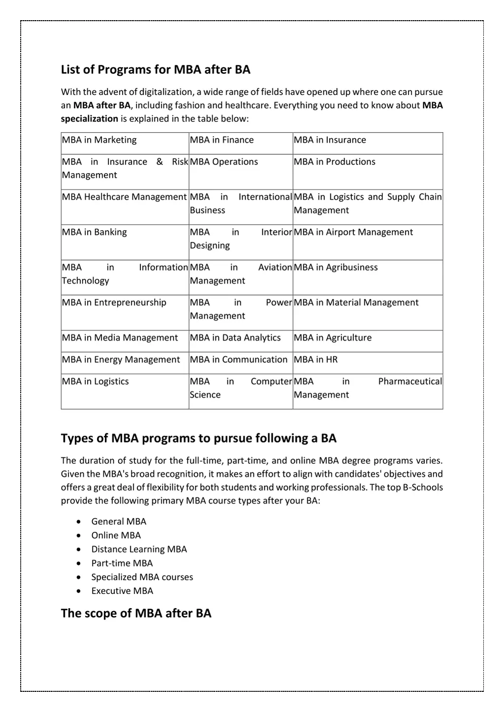 list of programs for mba after ba