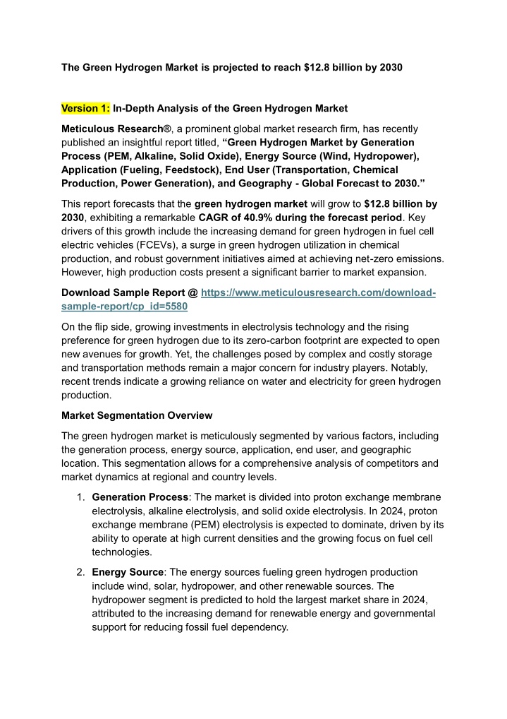 the green hydrogen market is projected to reach