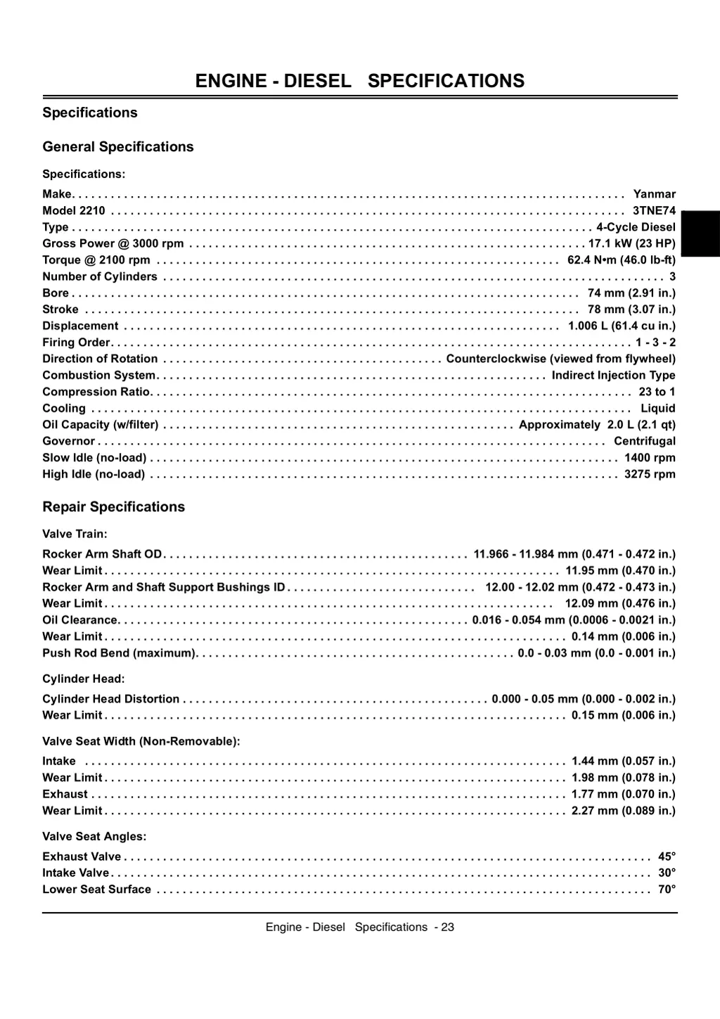 engine diesel specifications