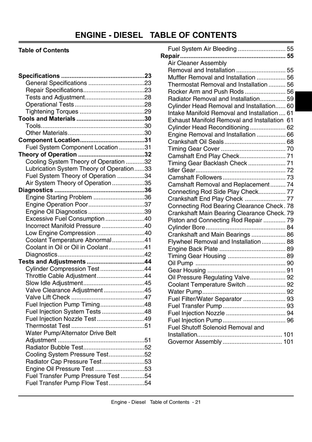 engine diesel table of contents