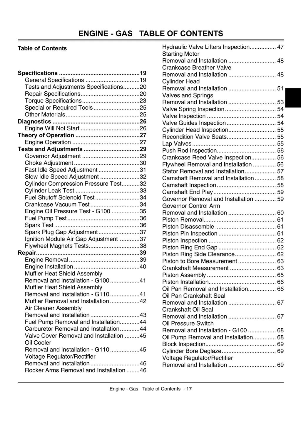 engine gas table of contents