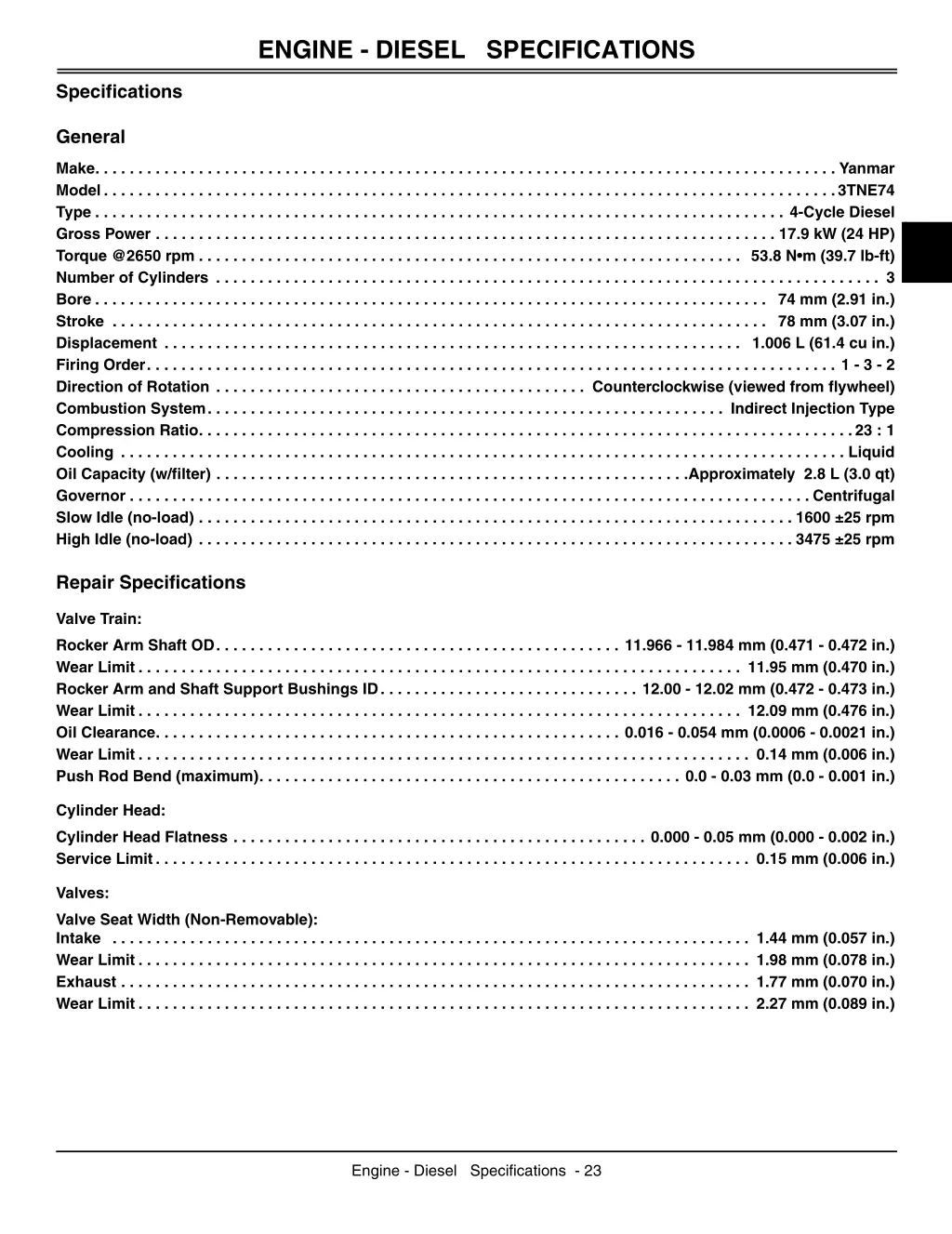 engine diesel specifications