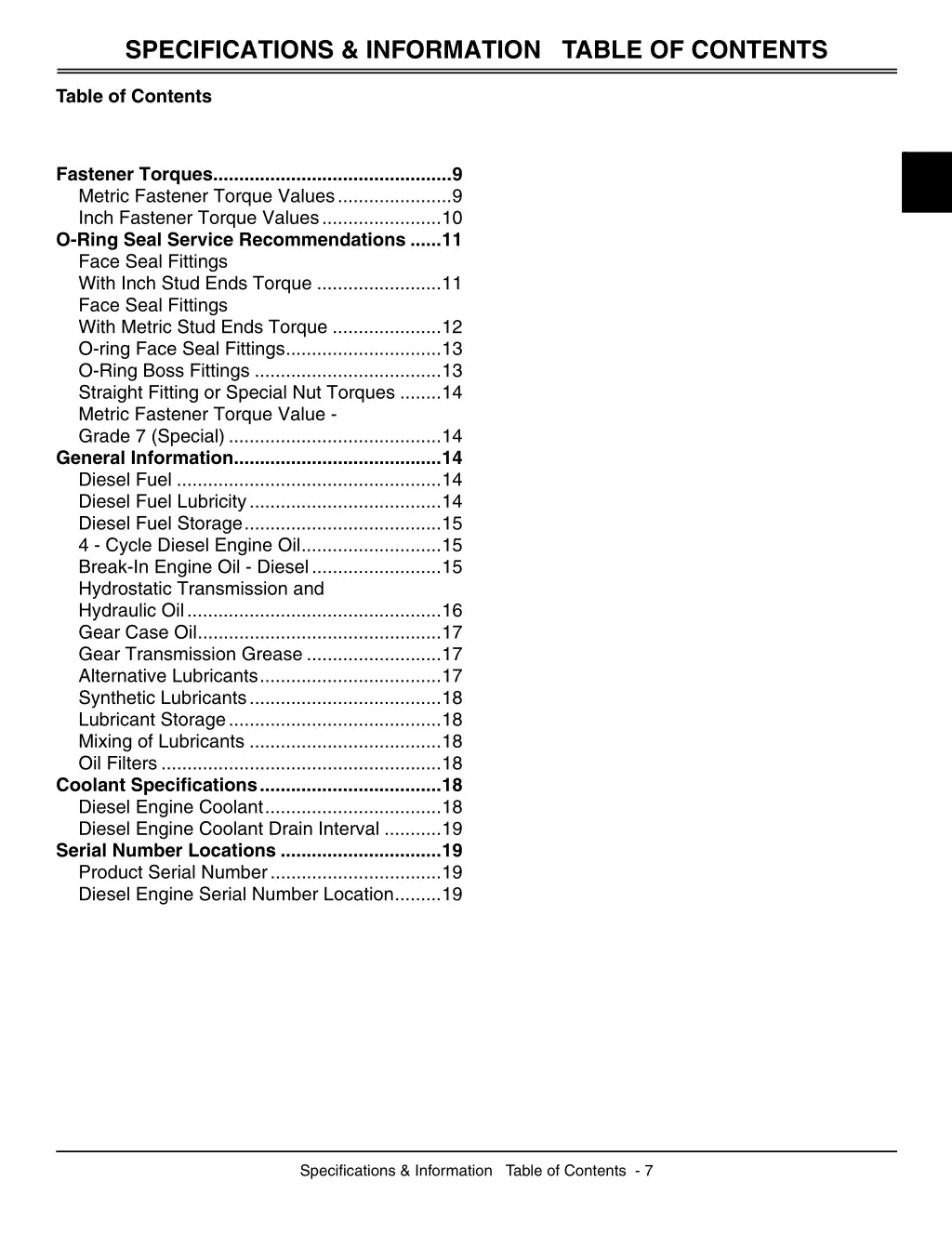 specifications information table of contents