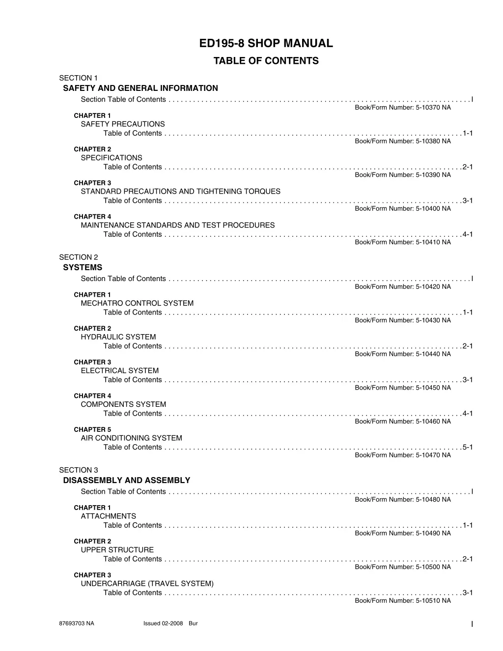 ed195 8 shop manual table of contents