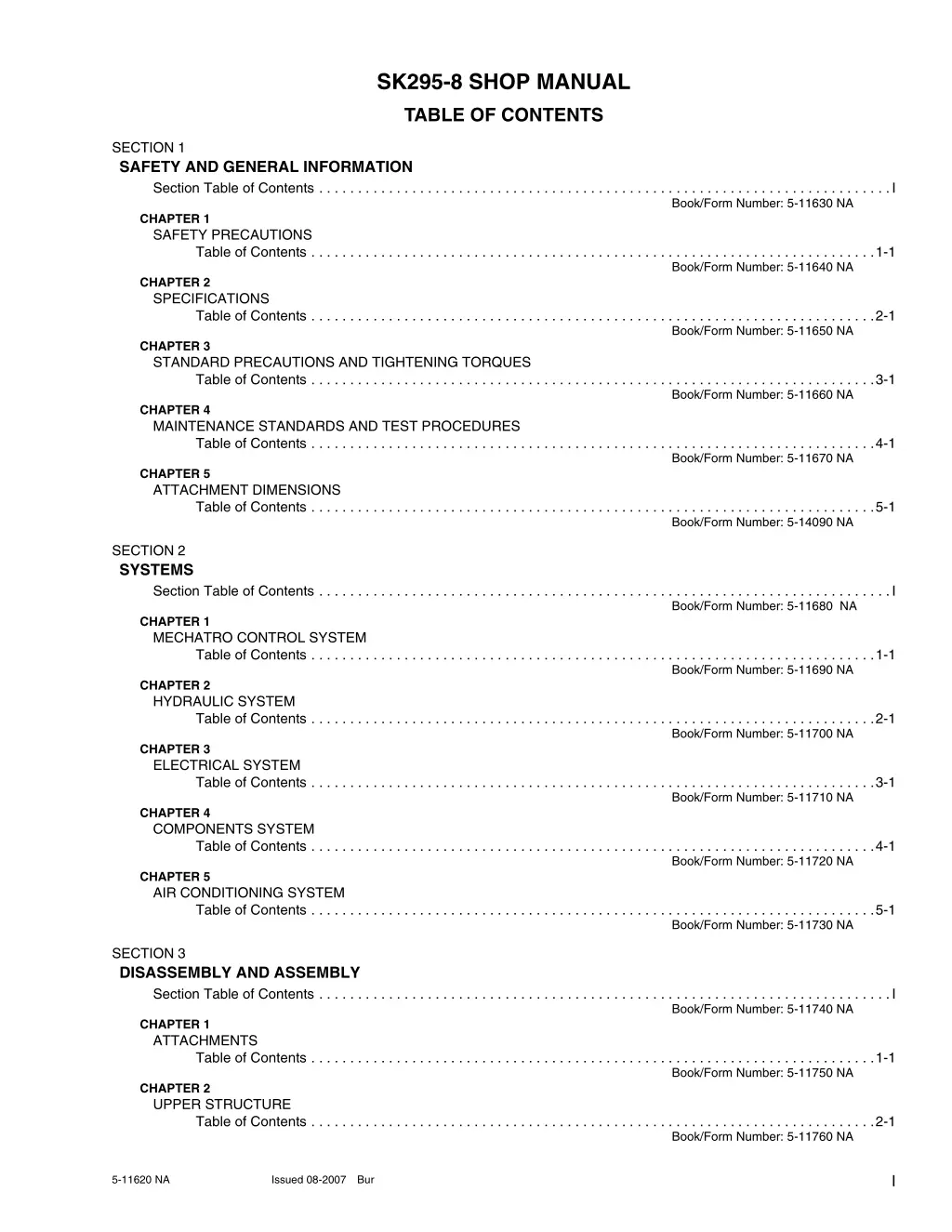 sk295 8 shop manual table of contents