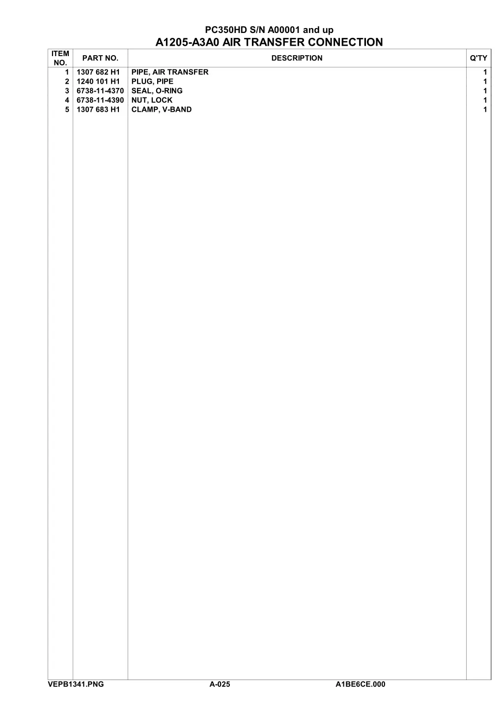 pc350hd s n a00001 and up a1205 a3a0 air transfer