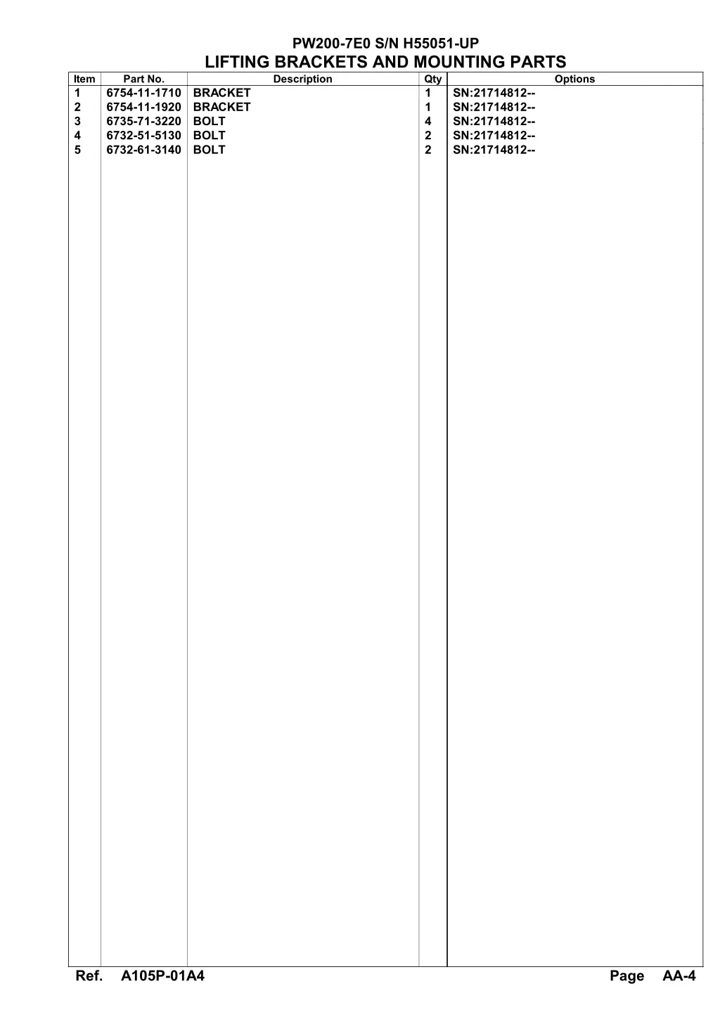 pw200 7e0 s n h55051 up lifting brackets