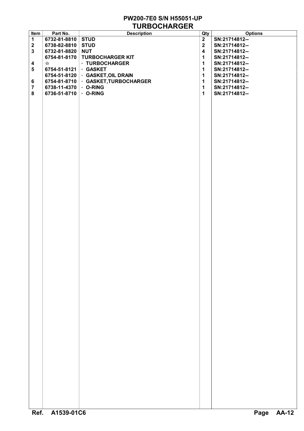 pw200 7e0 s n h55051 up turbocharger description