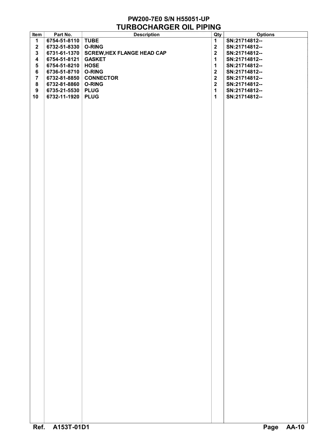 pw200 7e0 s n h55051 up turbocharger oil piping